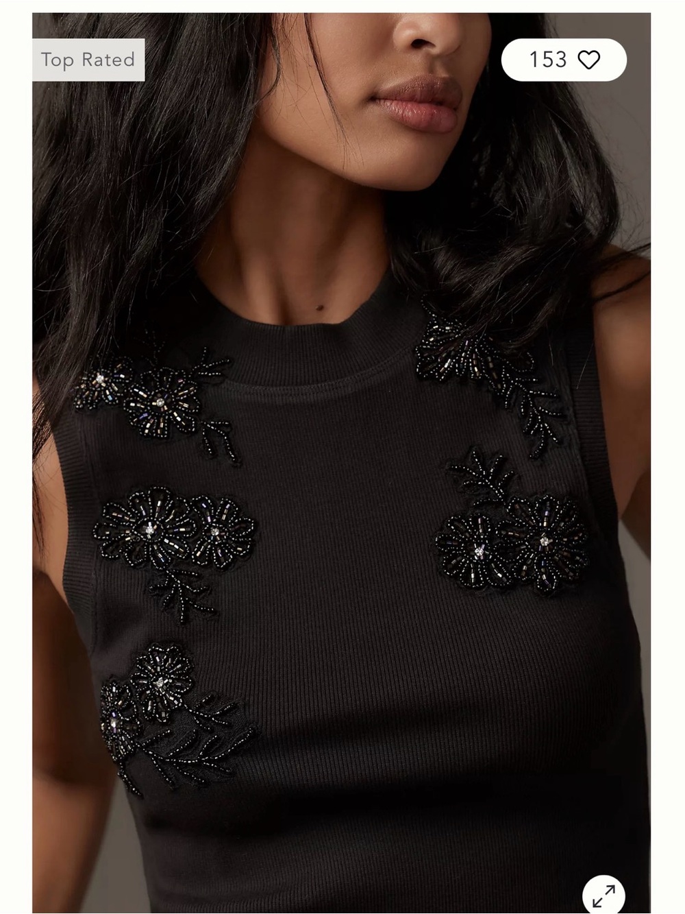 Anthropologie Black Beaded Floral Ribbed Tank